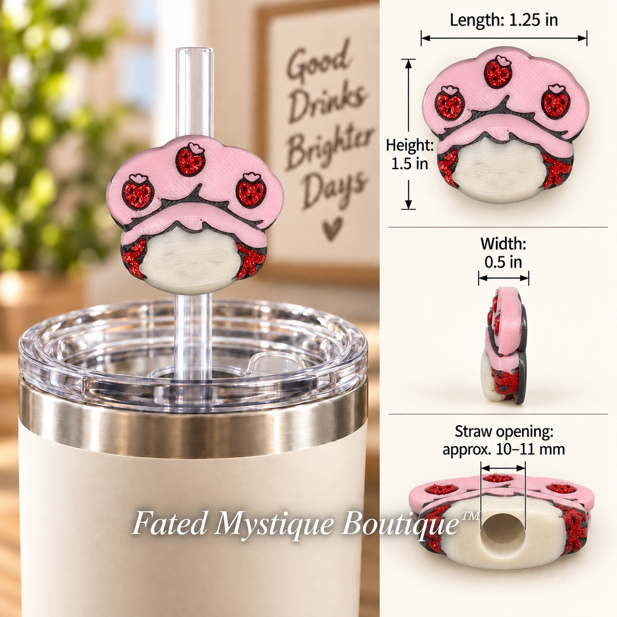 Strawberry Short Cake 3D-printed straw topper shown in use with dimensions and Fated Mystique Boutique watermark
