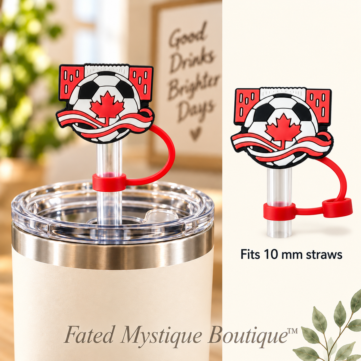 Canada Soccer straw topper with matching tether for 10 mm straws — Fated Mystique Boutique