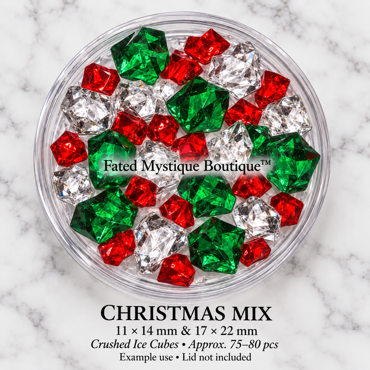 Christmas Mix acrylic crushed ice cubes in transparent ruby red, dark emerald green and crystal clear; more small red pieces and large green and clear pieces, 11 × 14 mm & 17 × 22 mm, 75–80 pieces per package