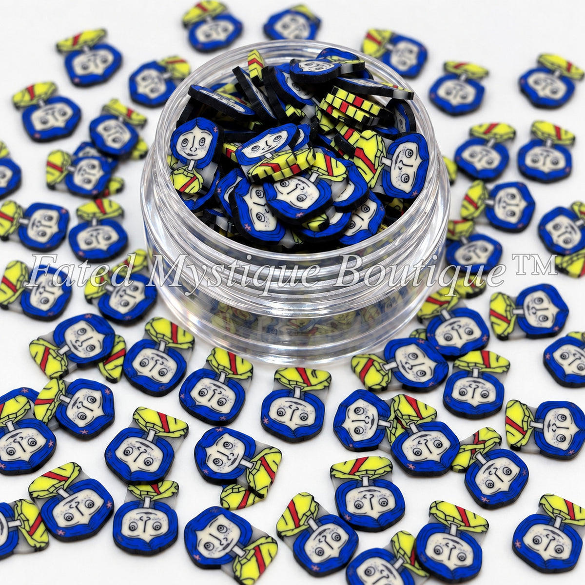 Coraline character polymer clay slices in a clear jar for tumblers and crafts — Fated Mystique Boutique