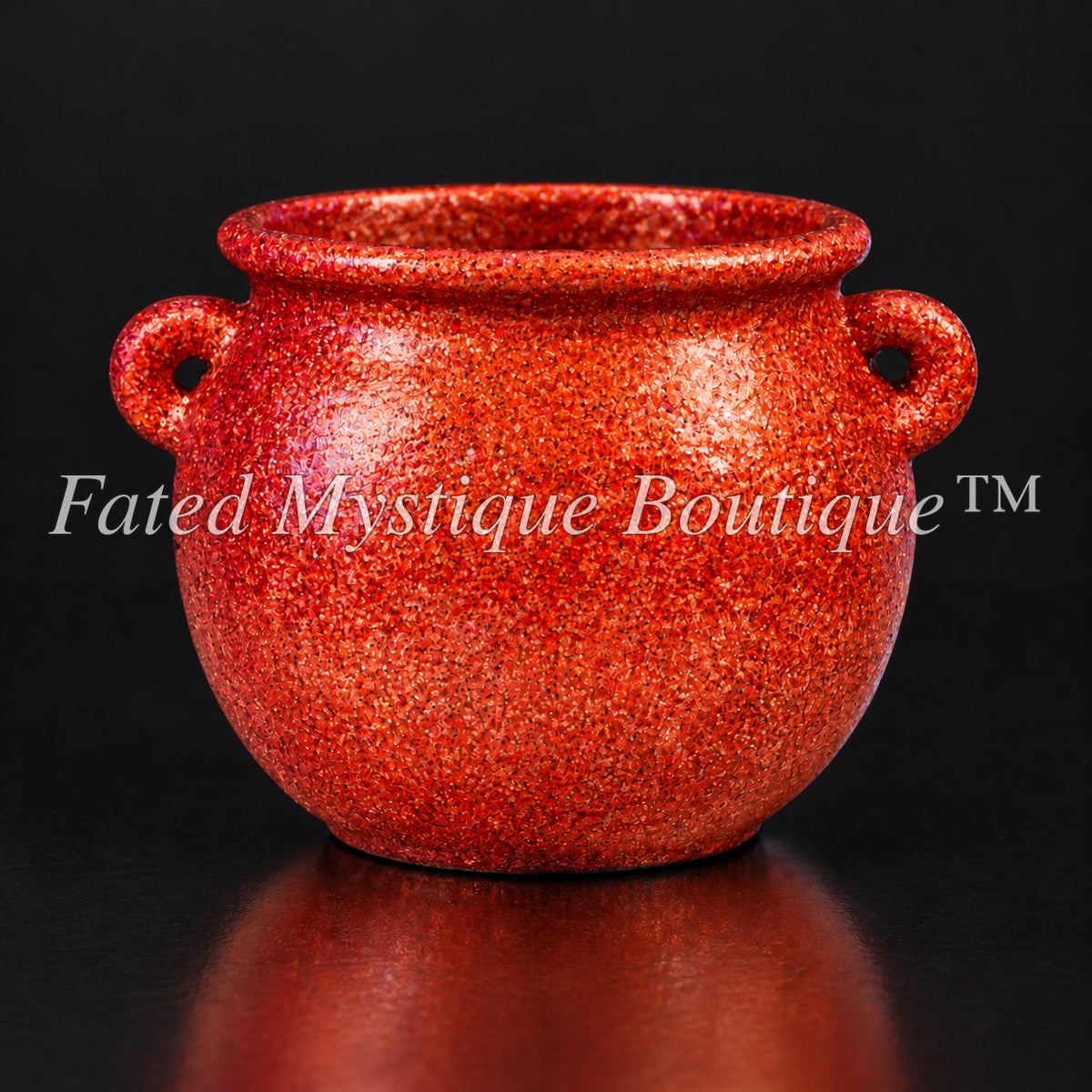 Red glitter decorative cauldron trinket bowl on a black studio background — Fated Mystique Boutique