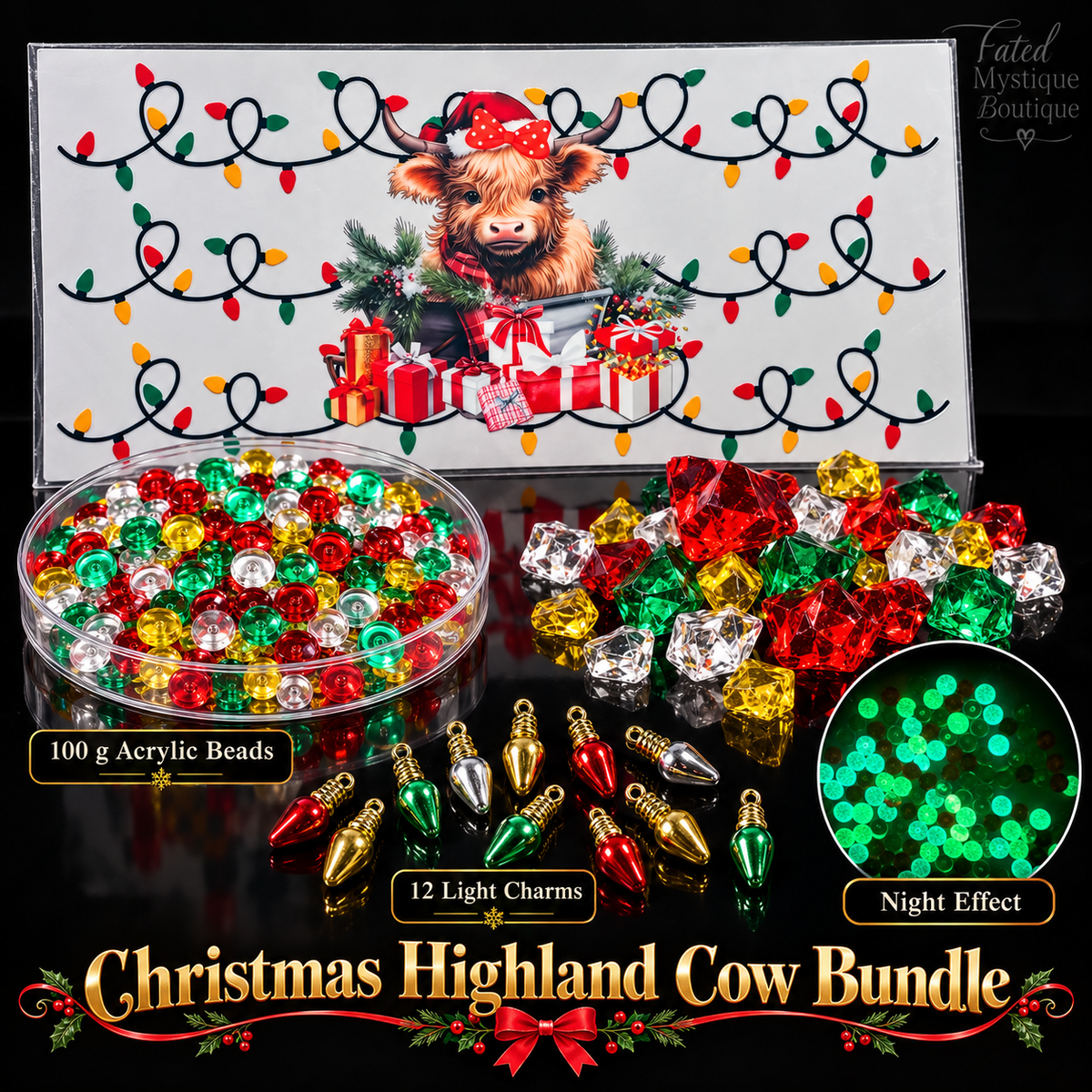 Christmas Highland Cow DIY kit with UVDTF transfer, 12 Christmas light charms, mixed faux ice, and 100 g acrylic beads with day and night effect