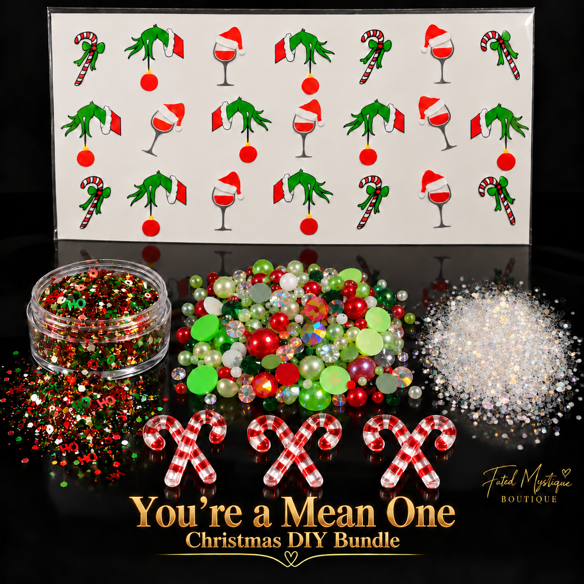 You're a Mean One Christmas DIY kit with UVDTF, custom glitter, halfback pearls, translucent white lid glitter, and three candy cane charms