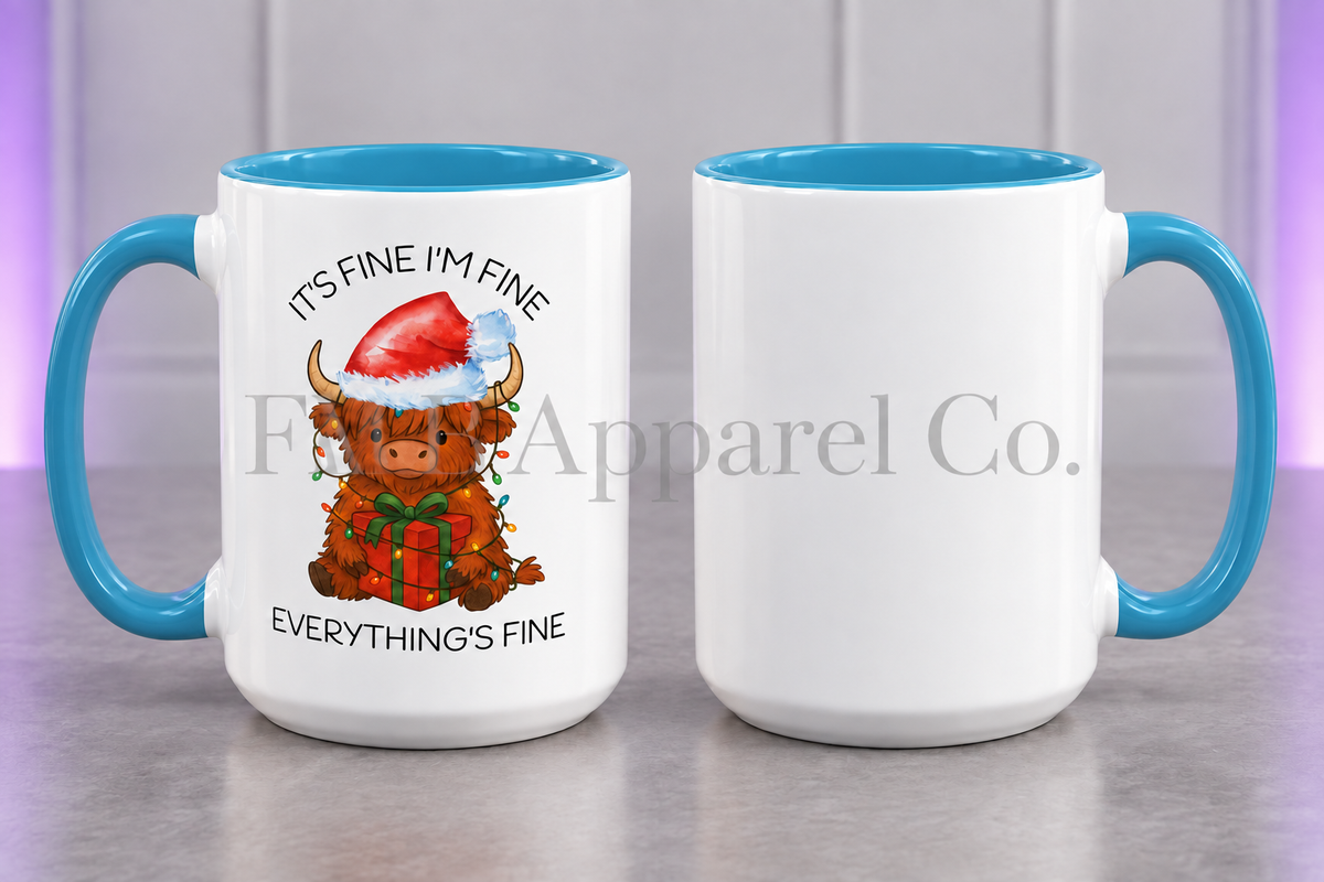 15oz Everything’s Fine Christmas Cow Coffee Mug — Light Blue, gray studio mockup