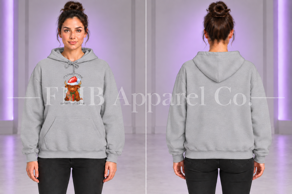 Sport Grey Everything’s Fine Christmas Cow Hooded Sweatshirt — front and back on model, gray studio with purple lighting