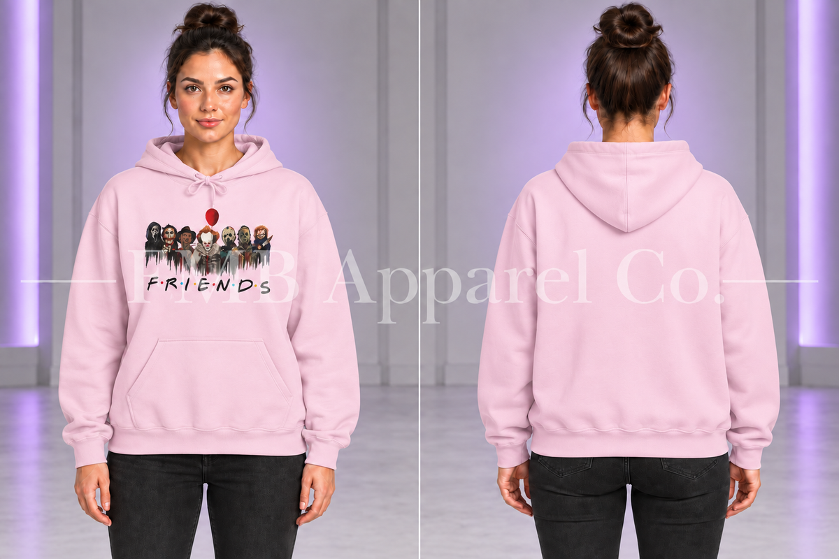 Horror Characters "Friends" Pullover Hoodie — Light Pink, front and plain back on a model, gray studio mockup