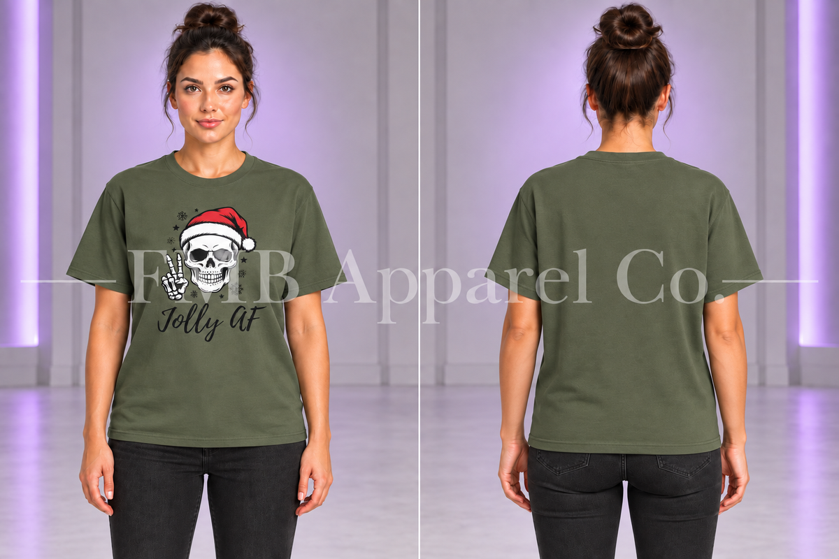 Jolly AF T-Shirt — Military Green, front and plain back on a model, gray studio mockup