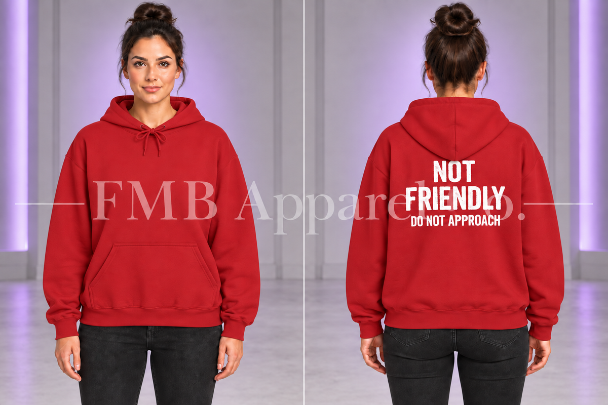 Red Not Friendly Hoodie — "Not Friendly Do Not Approach" Graphic Hoodie — front and back on model, gray studio with purple lighting