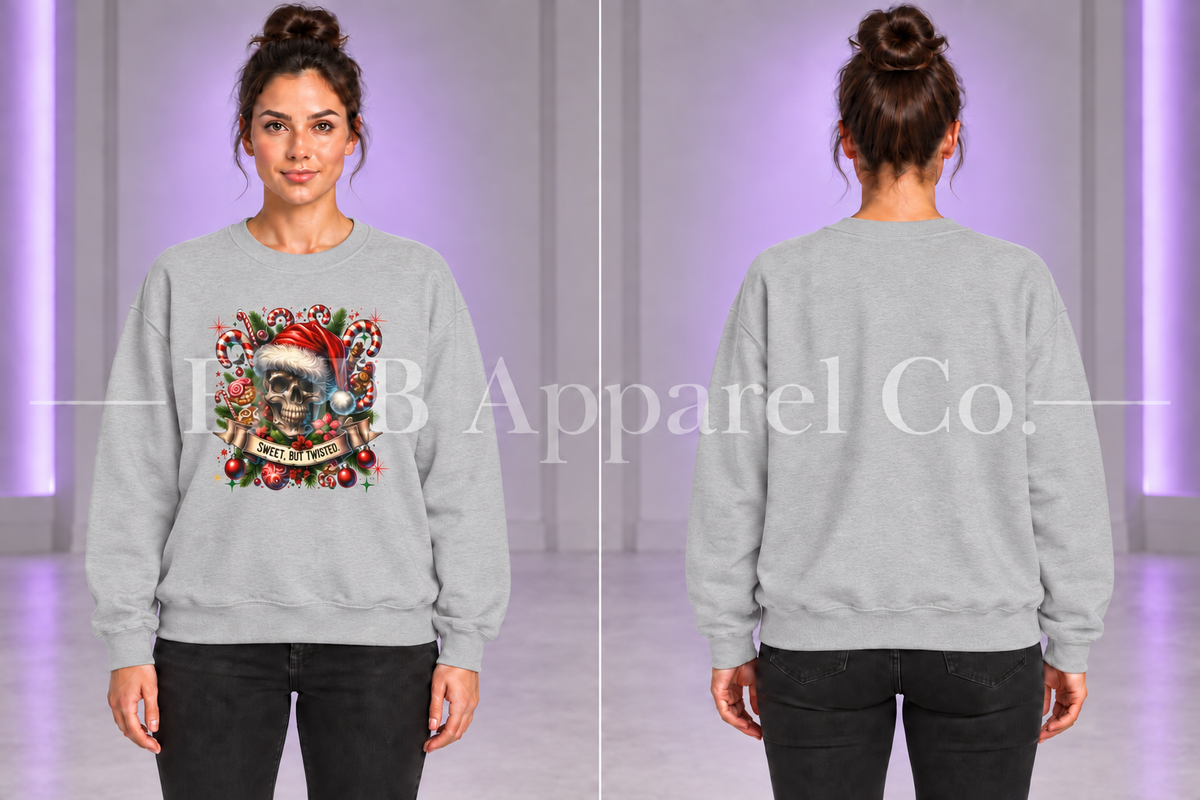 Sport Grey Holiday Skull Sweet But Twisted Christmas Crewneck Sweatshirt — front and back on model, gray studio with purple lighting