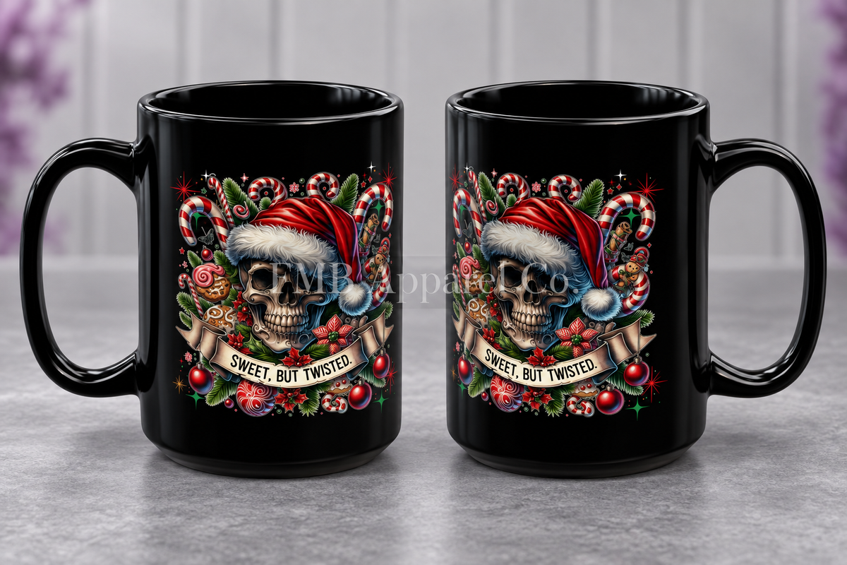 "Sweet, But Twisted" Skull Mug — 15oz, gray studio mockup
