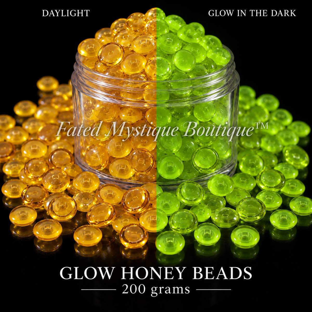 GLOW HONEY BEADS, 200 grams, acrylic beads overflowing a centered clear jar on black, daylight and glow-in-the-dark views — Fated Mystique Boutique