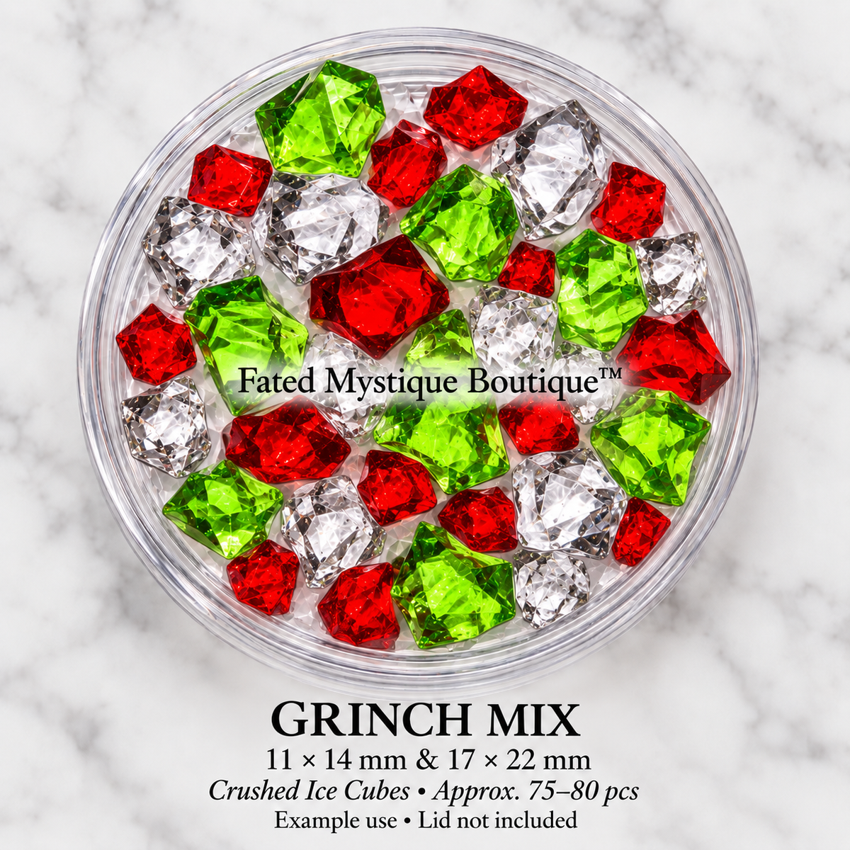 Grinch Mix acrylic crushed ice cubes in transparent ruby red, bright lime green and crystal clear, 11 × 14 mm & 17 × 22 mm, 75–80 pieces per package