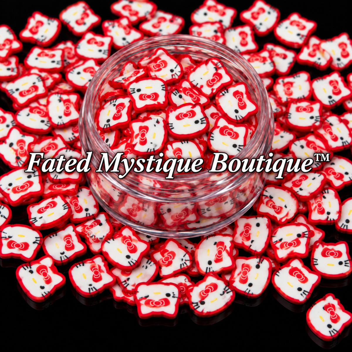 H K polymer clay slices in a clear jar with centered Fated Mystique Boutique watermark