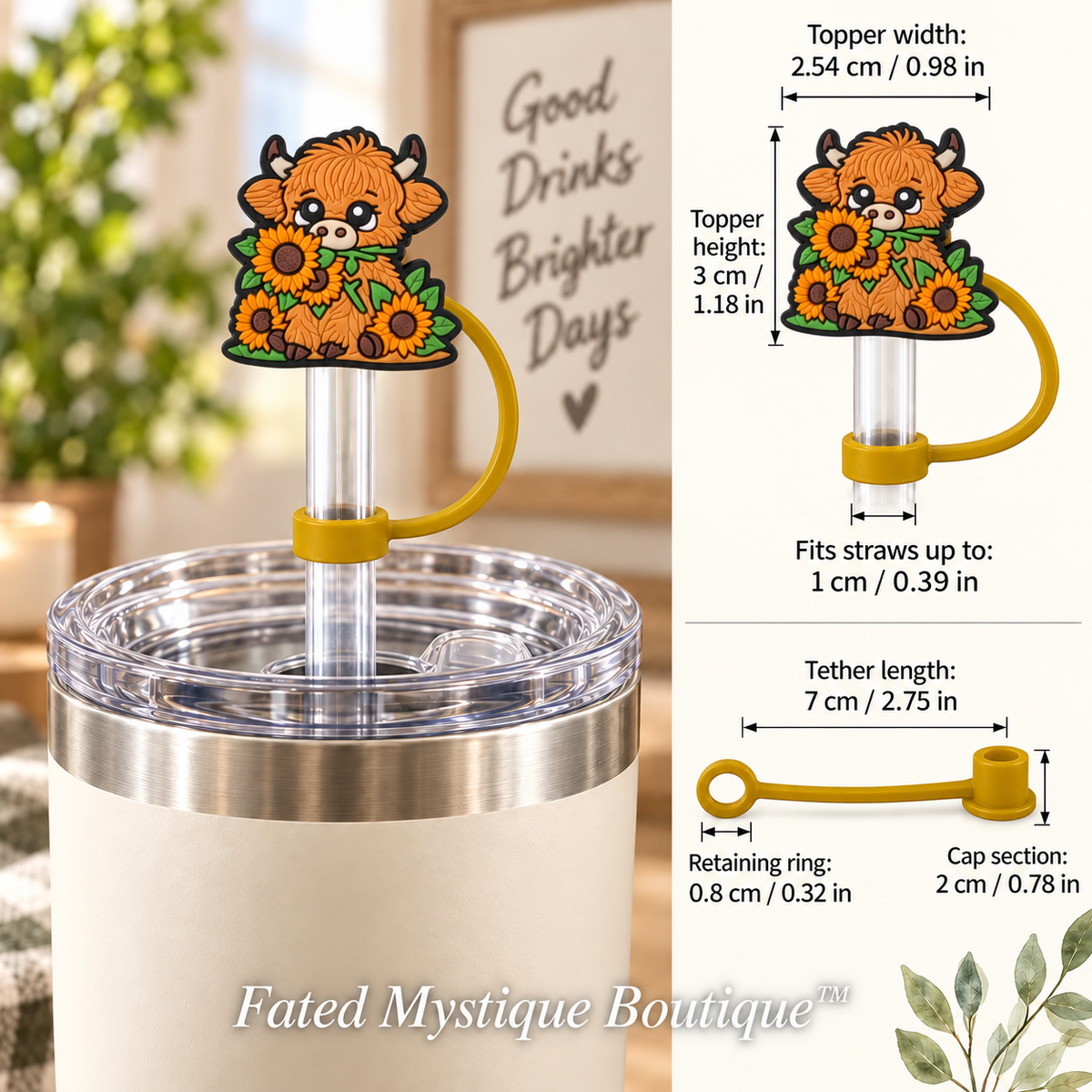Cow Straw Topper #16 sunflower Highland cow shown in use with measurements and Fated Mystique Boutique watermark