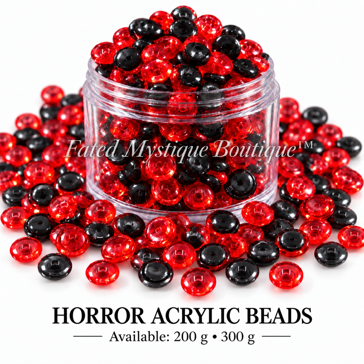 Horror Acrylic Beads in red and black, shown in a clear jar with scattered beads; available in 200 g and 300 g