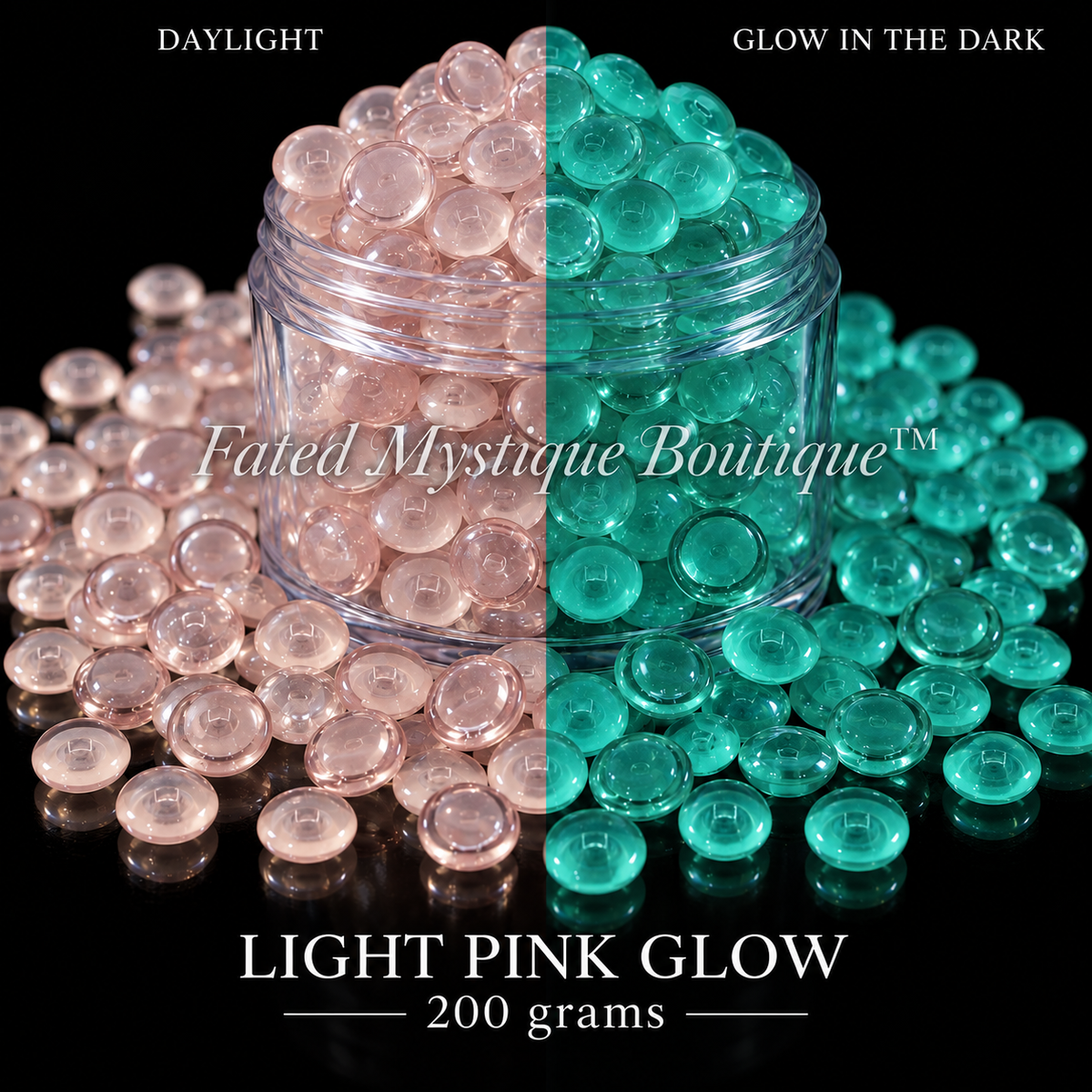 LIGHT PINK GLOW, 200 grams, acrylic beads overflowing a centered clear jar on black, daylight and glow-in-the-dark views — Fated Mystique Boutique
