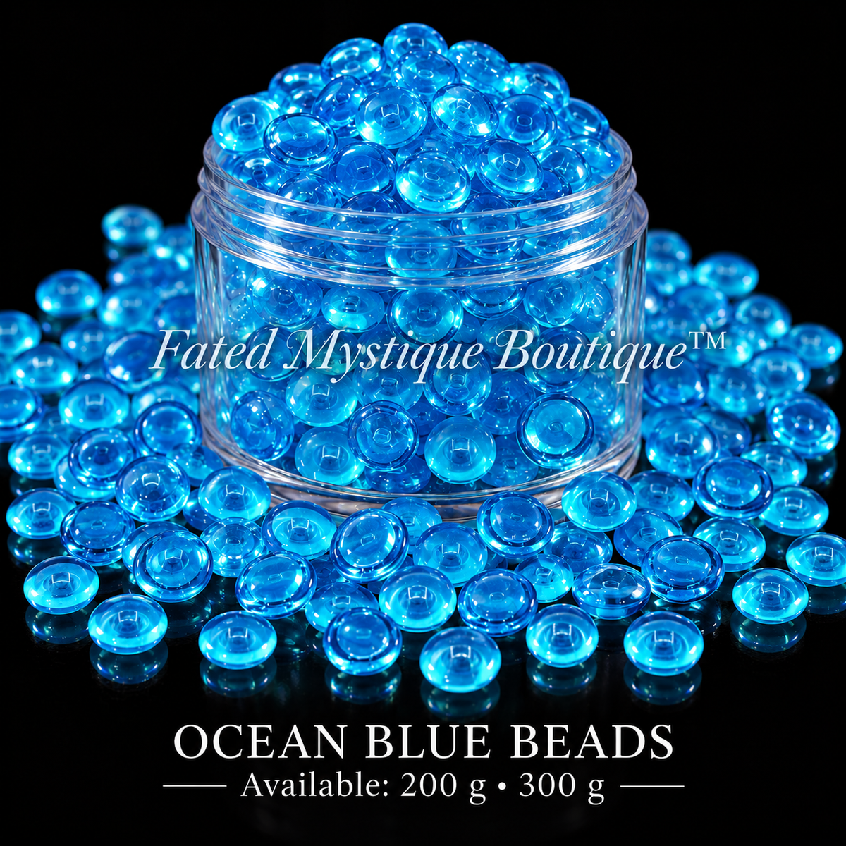 OCEAN BLUE BEADS, 200 g • 300 g, acrylic beads overflowing a centered clear jar on black — Fated Mystique Boutique