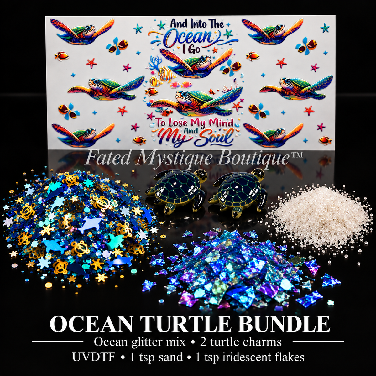 Ocean Turtle Bundle with turtle UVDTF, two turtle charms, ocean glitter, 1 tsp white sand and 1 tsp iridescent glitter flakes