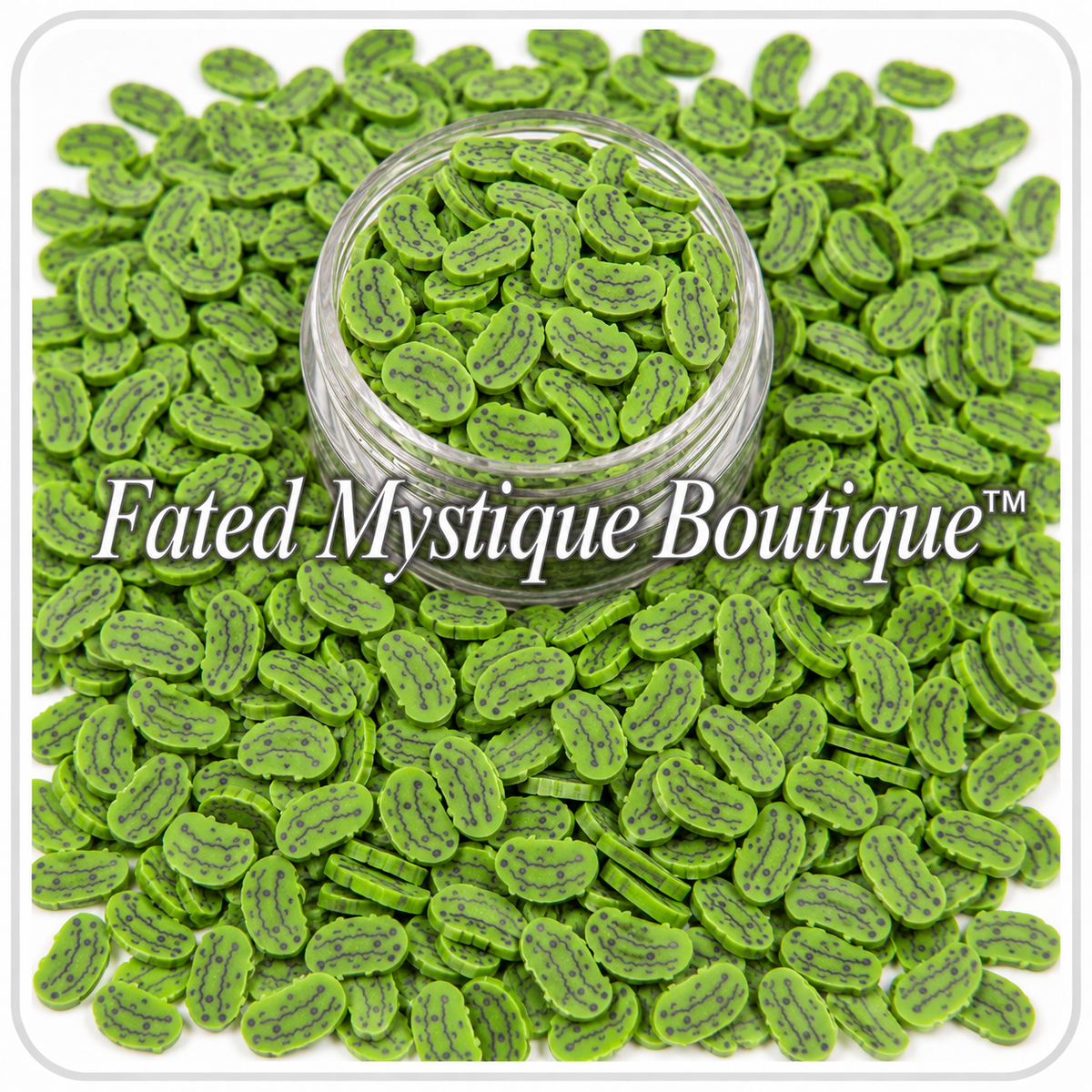 Pickles polymer clay slices displayed in a clear jar with loose slices on a white background