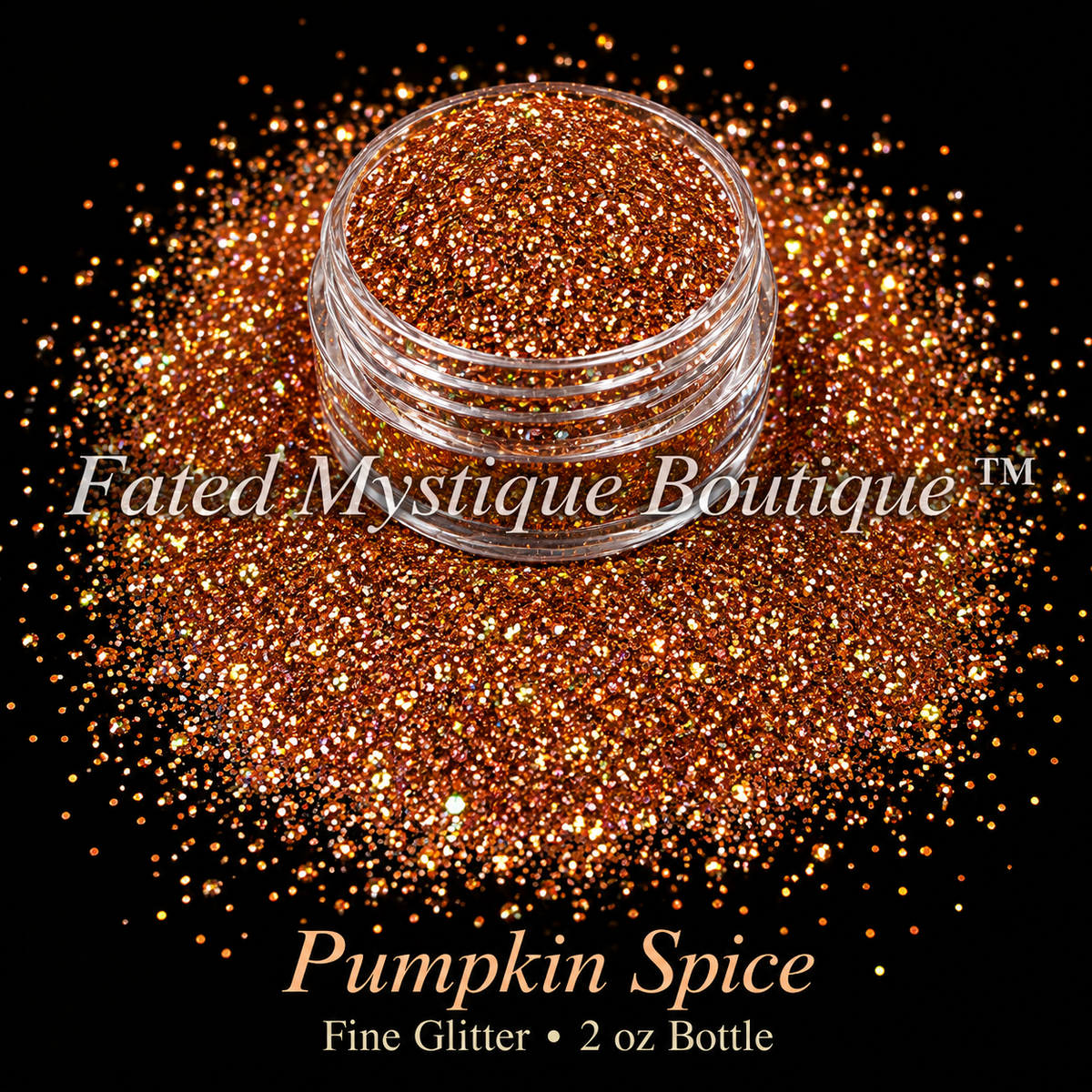 Pumpkin Spice copper-orange fine holographic glitter with a hint of iridescence, displayed in a clear jar with scattered glitter on black; 2 oz bottle.