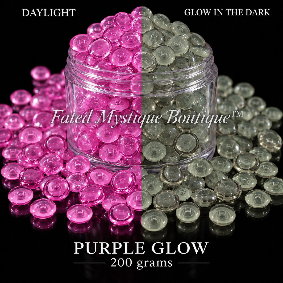 PURPLE GLOW, 200 grams, acrylic beads overflowing a centered clear jar on black, daylight and glow-in-the-dark views — Fated Mystique Boutique