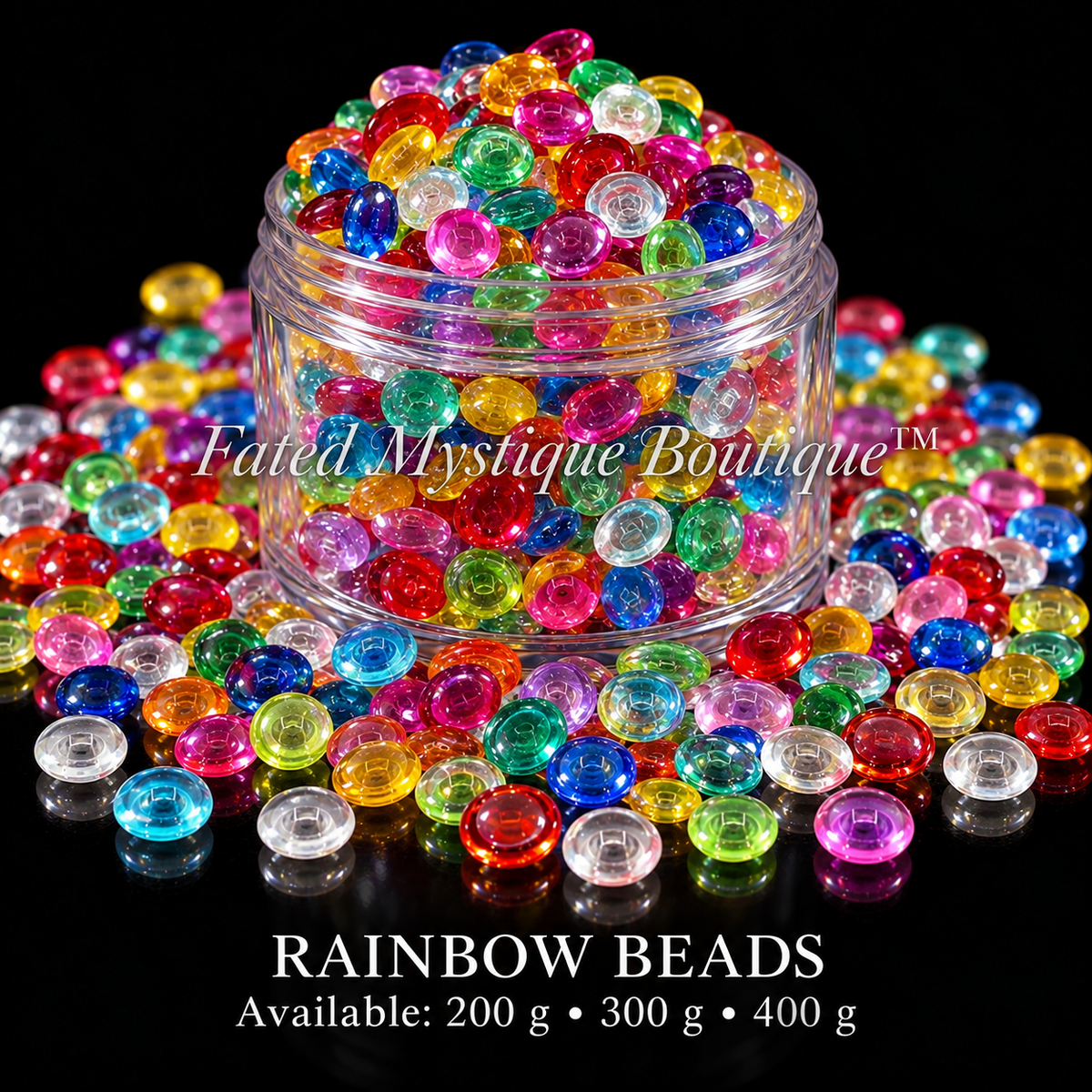 RAINBOW BEADS, 200 g • 300 g • 400 g, acrylic beads overflowing a centered clear jar on black — Fated Mystique Boutique