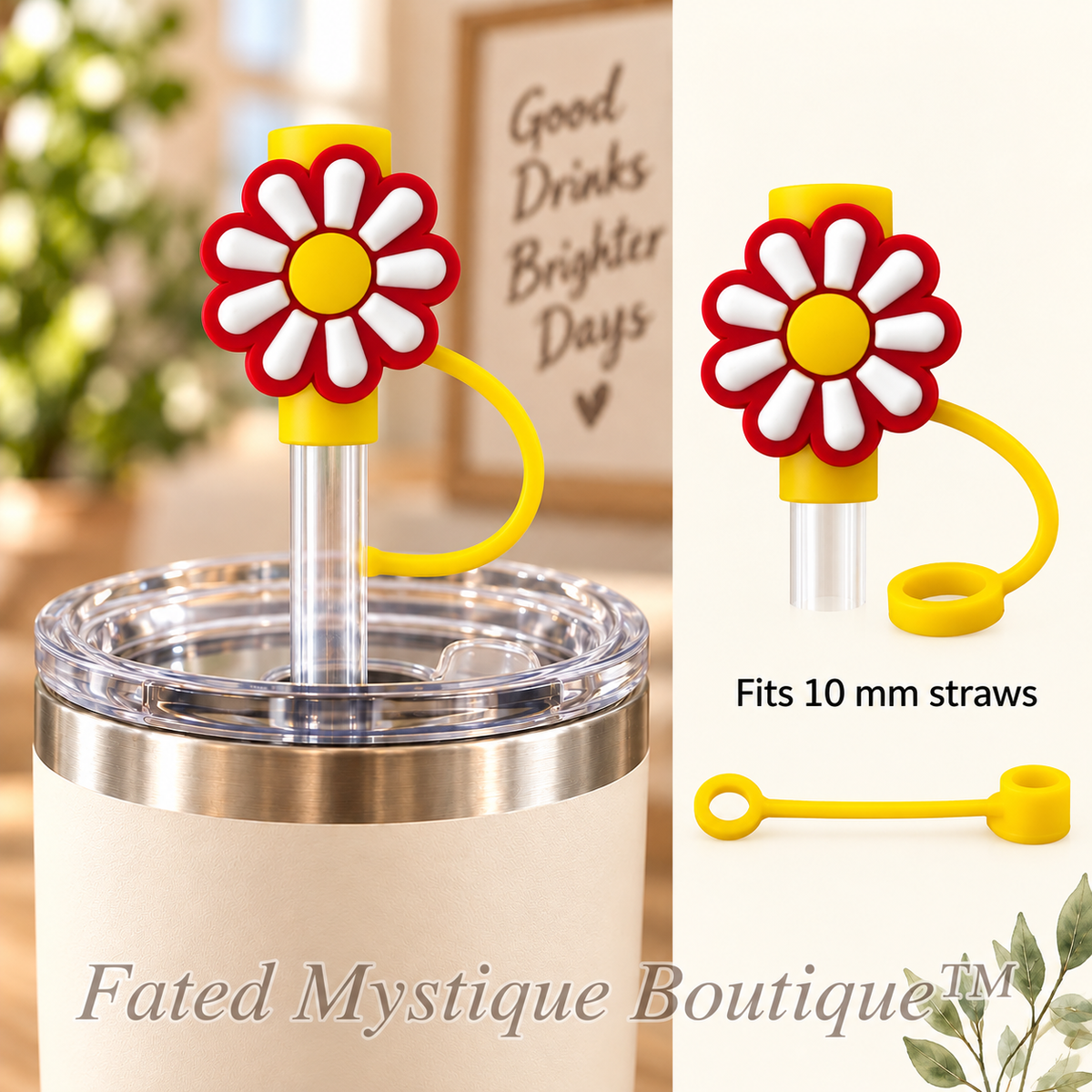 Red and White Daisy straw topper with matching tether for 10 mm straws — Fated Mystique Boutique