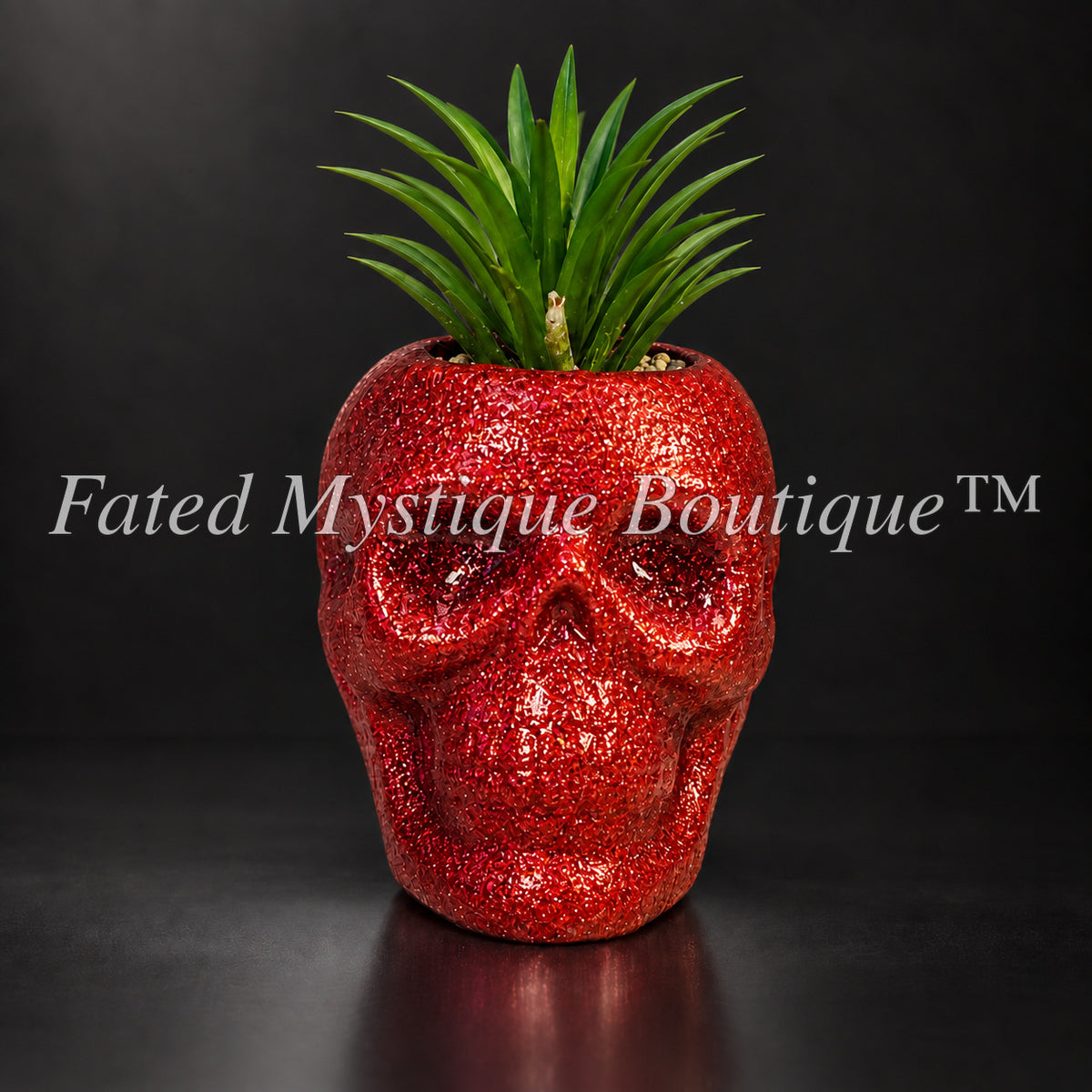 Small red glitter skull faux succulent planter with glow-in-the-dark eyes — Fated Mystique Boutique