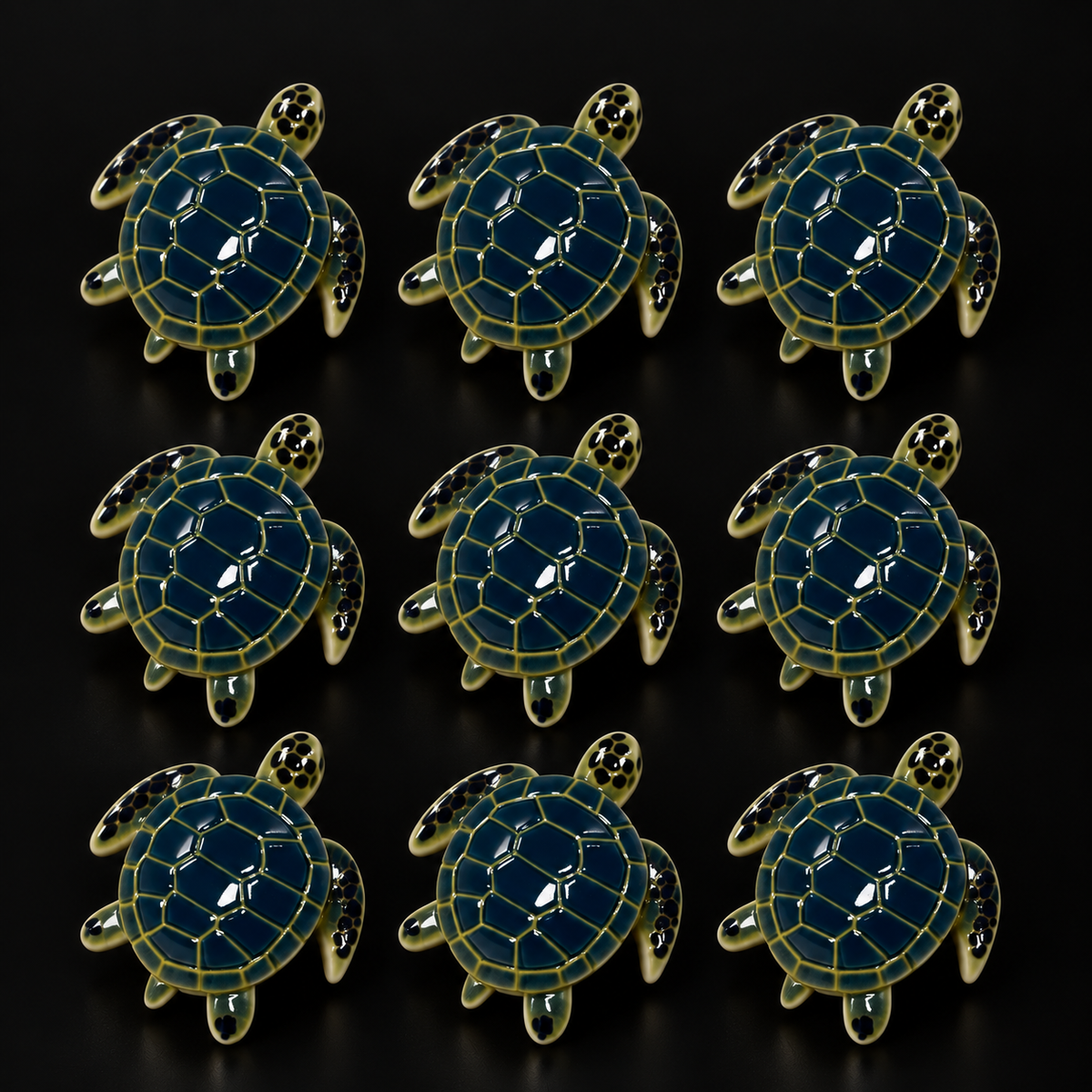 Sea Turtle Charms, 9 pieces clearance pack, shown on a black studio background