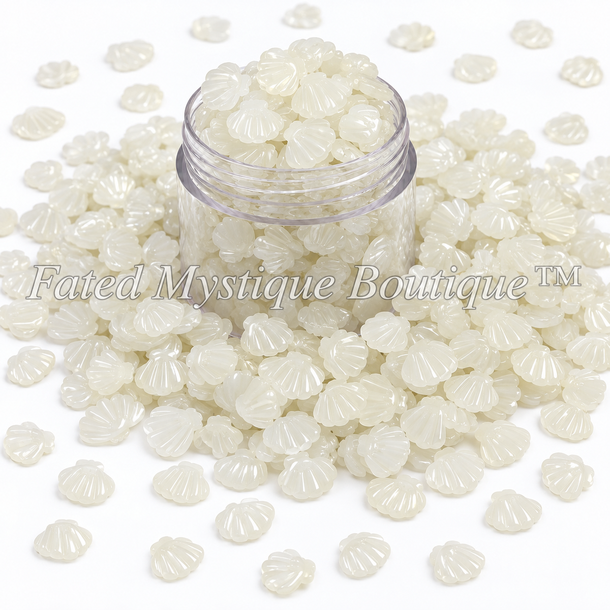 Milky white glow seashell polymer clay slices in clear jar on white