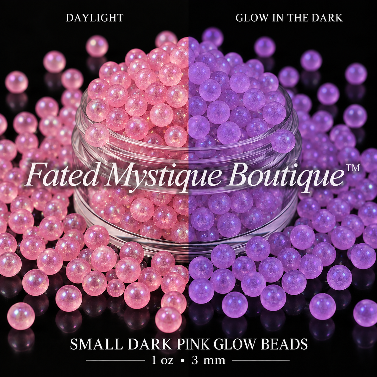 Small Dark Pink Glow Beads 1 oz (3mm) shown in daylight and glowing in the dark on a black background — Fated Mystique Boutique