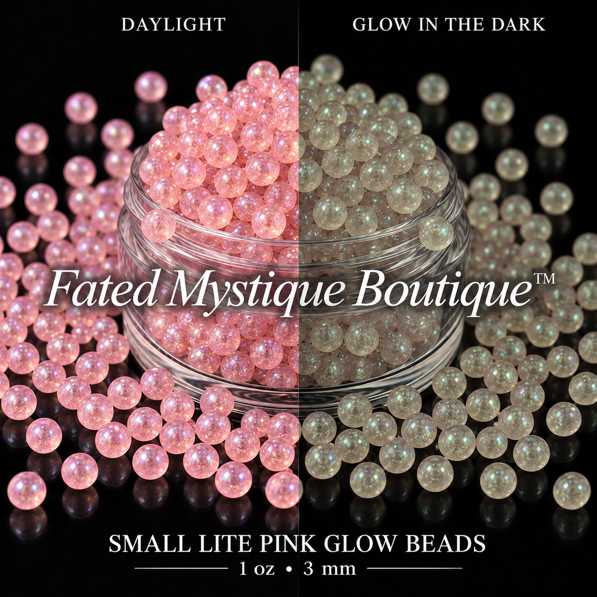Small Lite Pink Glow Beads 1 oz (3mm) shown in daylight and glowing in the dark on a black background — Fated Mystique Boutique