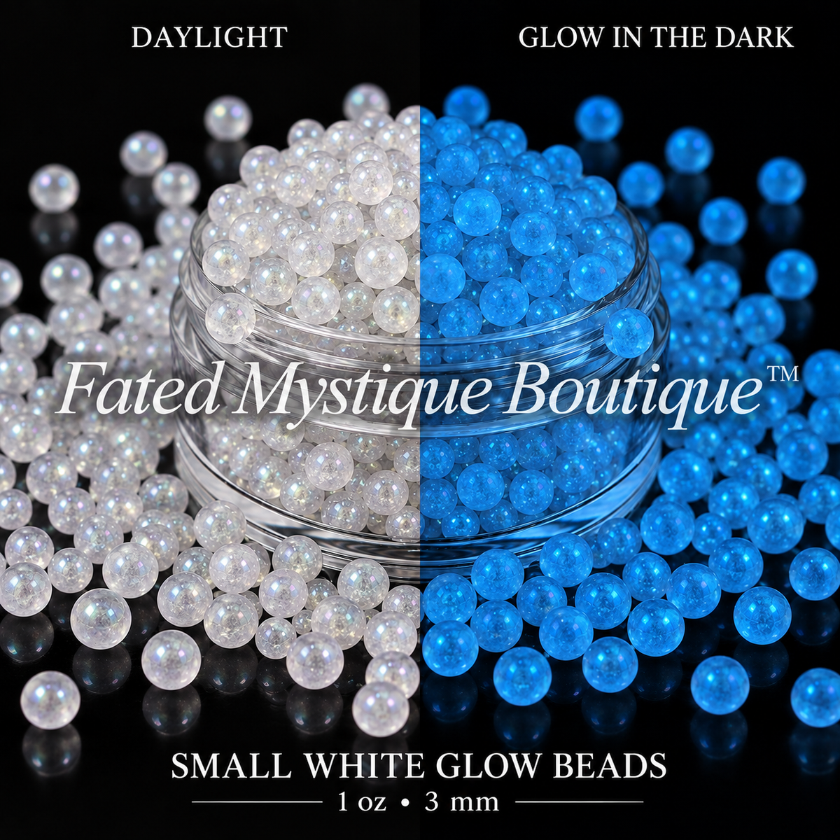 Small White Glow Beads 1 oz (3mm) shown in daylight and glowing in the dark on a black background — Fated Mystique Boutique