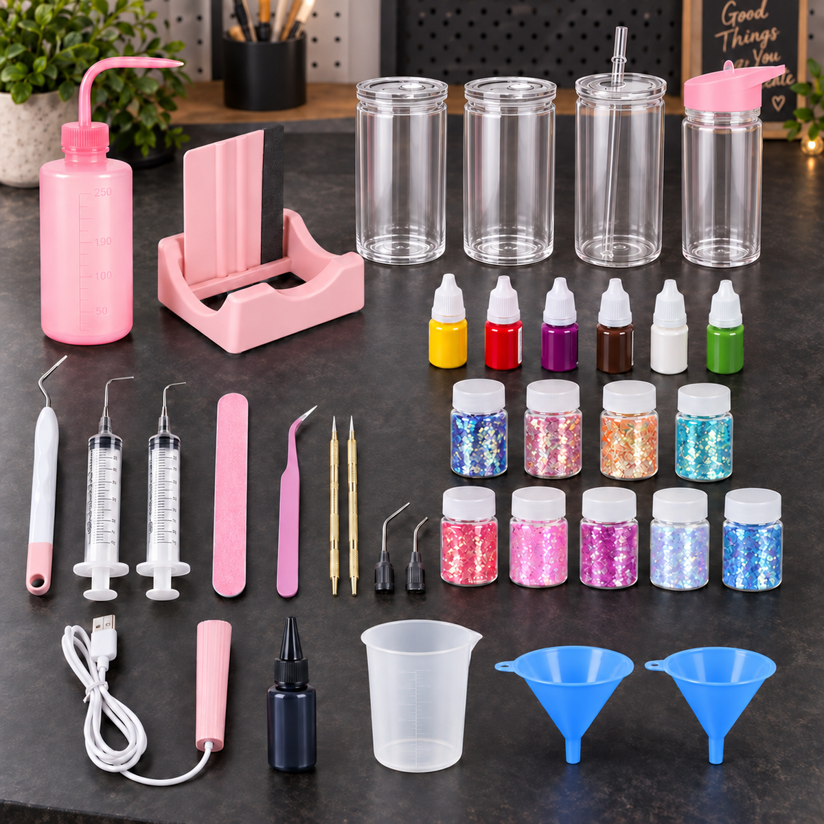 Ultimate snow globe starter kit with two double-wall tumblers, one single-wall tumbler, one kids cup and craft supplies