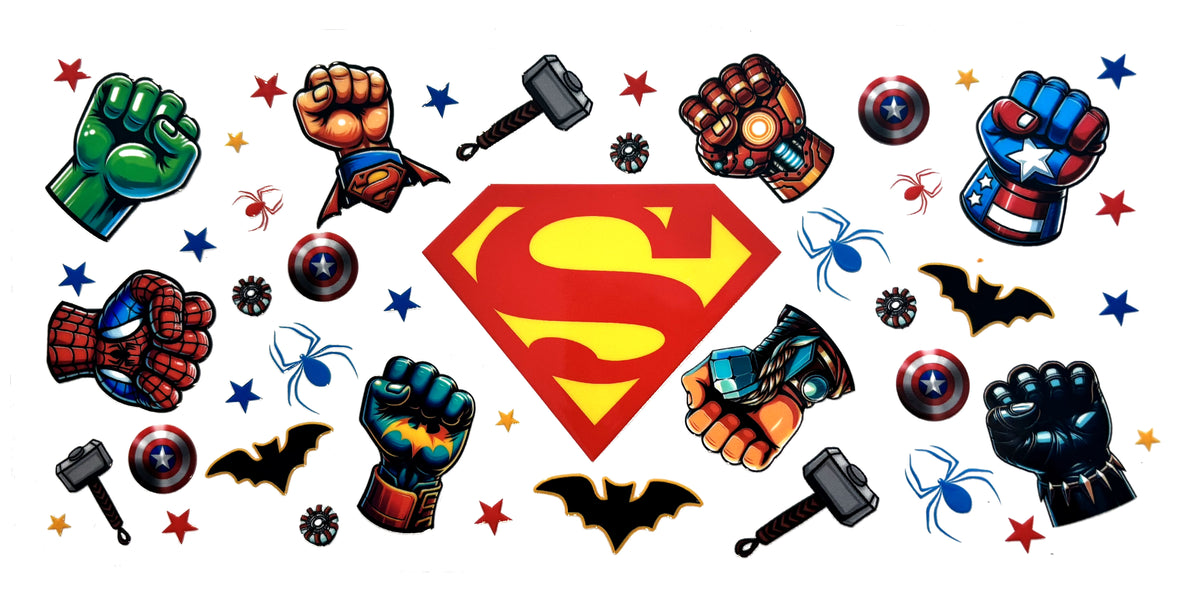 Superhero logos fists UVDTF decal wrap, #621, on a white background