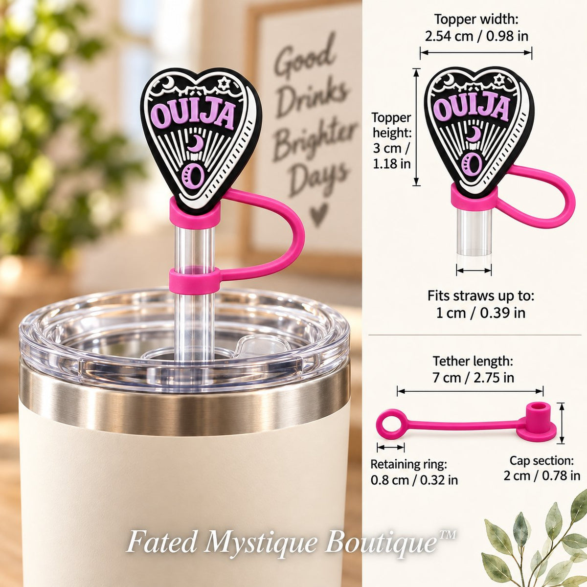 Ouija Straw Topper straw topper shown in use with measurements and Fated Mystique Boutique watermark