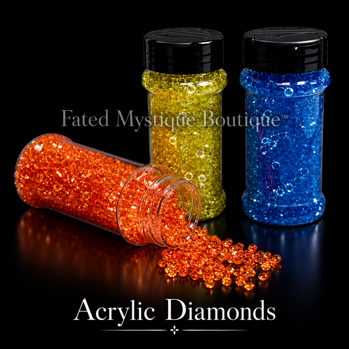 Acrylic Diamonds collection products on a black studio background — Fated Mystique Boutique