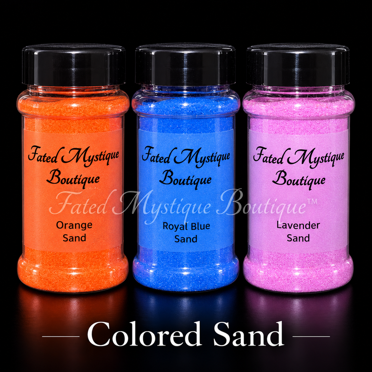 Colored Sand collection products on a black studio background — Fated Mystique Boutique