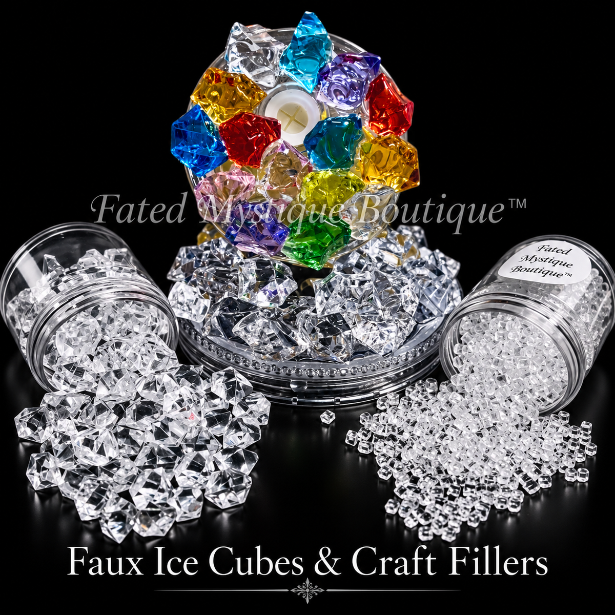 Faux Ice Cubes & Craft Fillers collection products on a black studio background — Fated Mystique Boutique