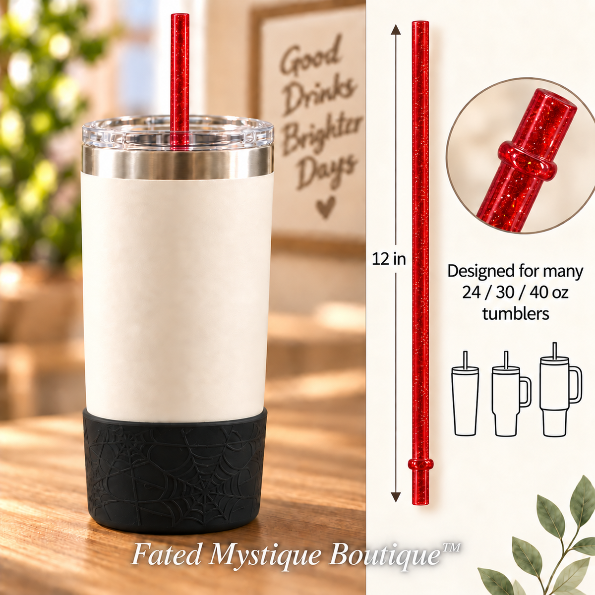 Long colored straw variant: Glitter Red (12inch) — in-use measurement image