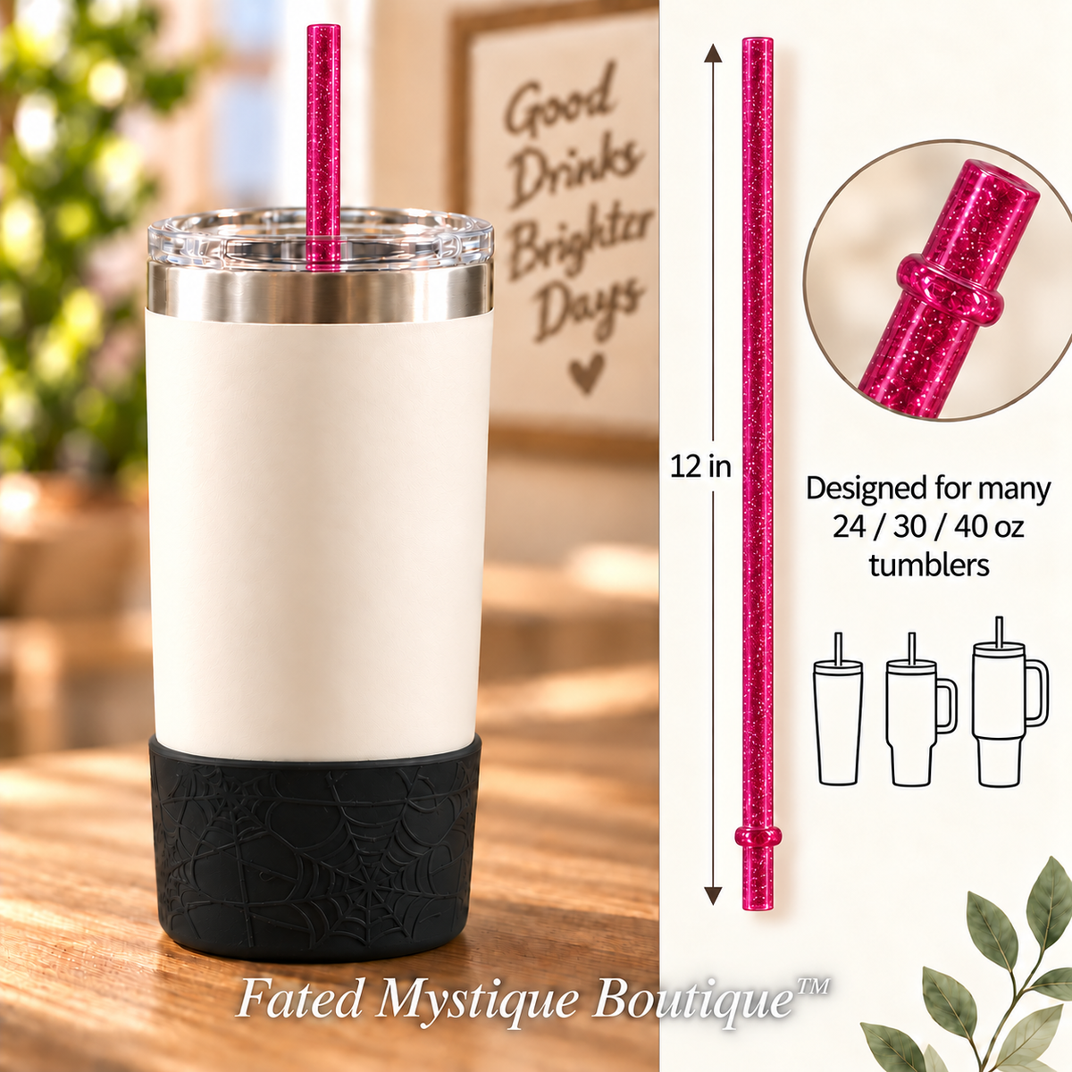 Long colored straw variant: Glitter Hot Pink (12inch) — in-use measurement image