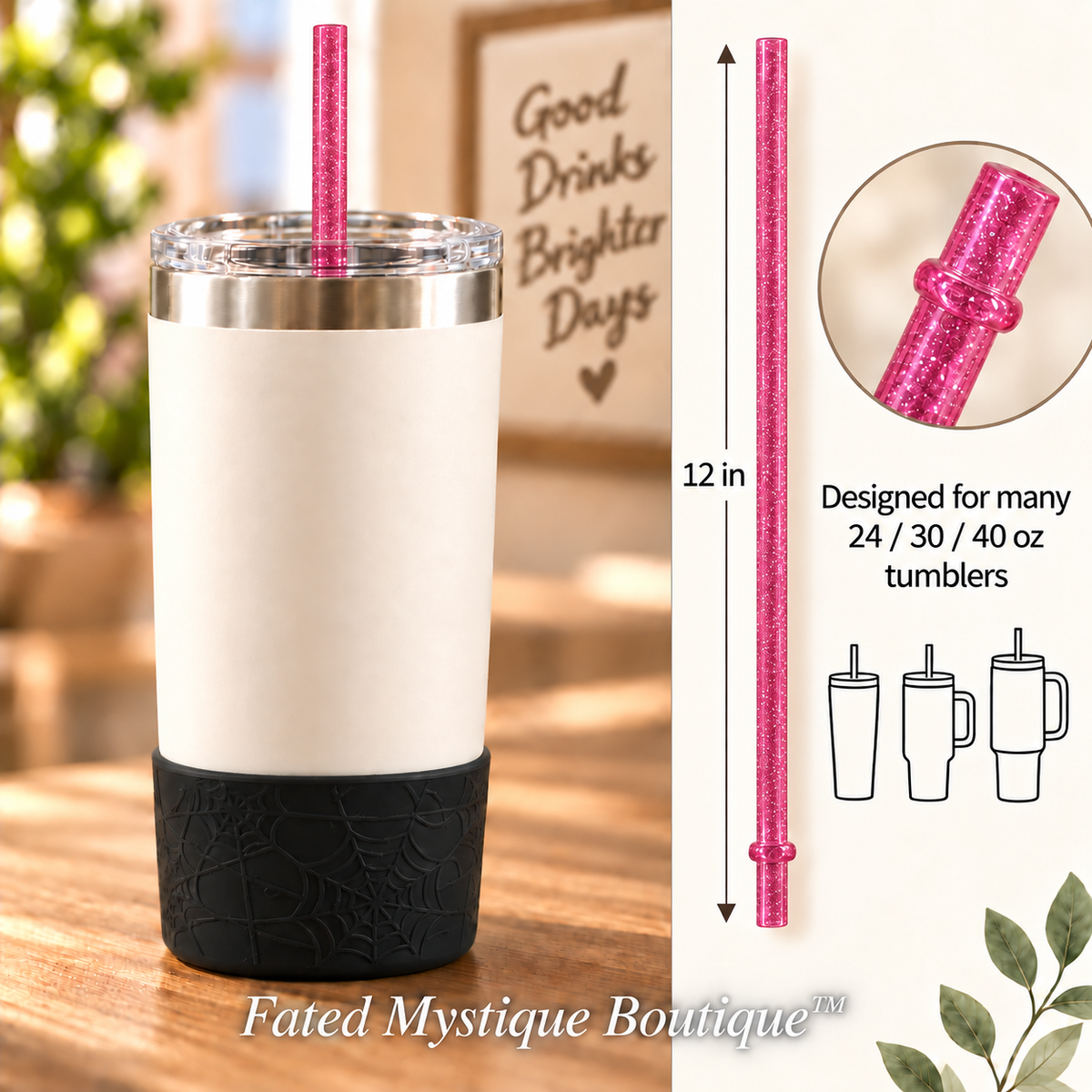 Long colored straw variant: Glitter Pink (12inch) — in-use measurement image
