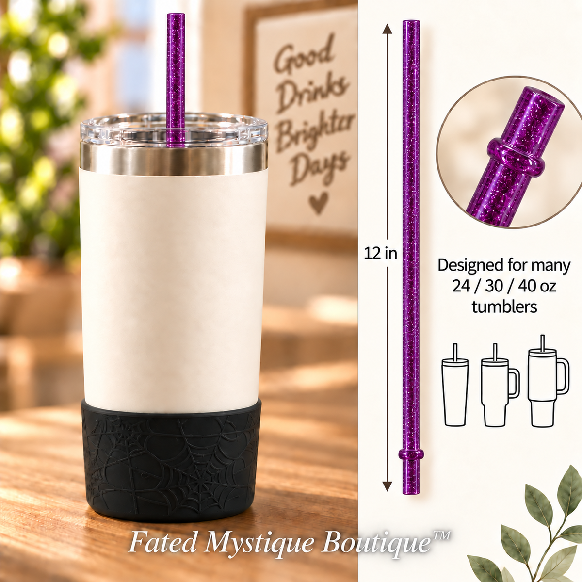 Long colored straw variant: Glitter Purple (12inch) — in-use measurement image