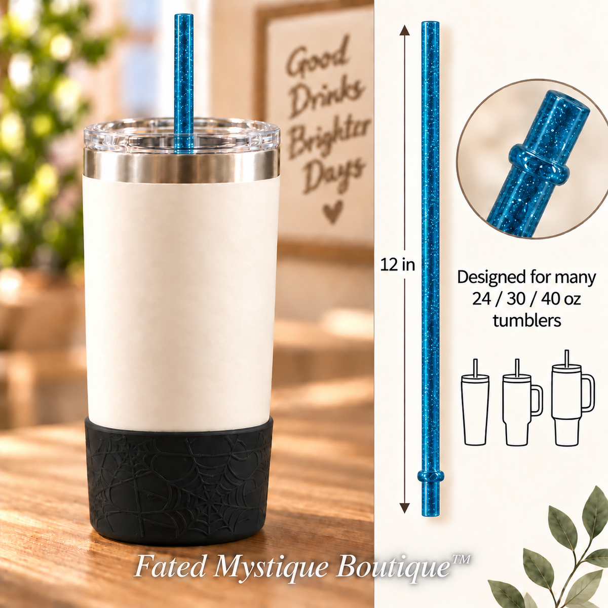 Long colored straw variant: Glitter Blue (12inch) — in-use measurement image