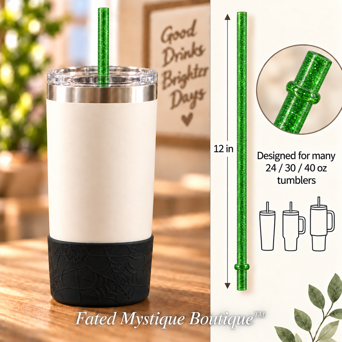 Long colored straw variant: Glitter Green (12inch) — in-use measurement image