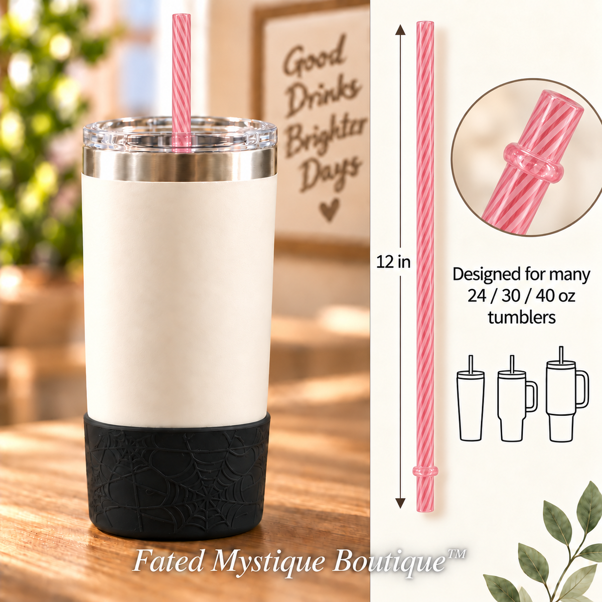 Long colored straw variant: Stripe Pink (12inch) — in-use measurement image