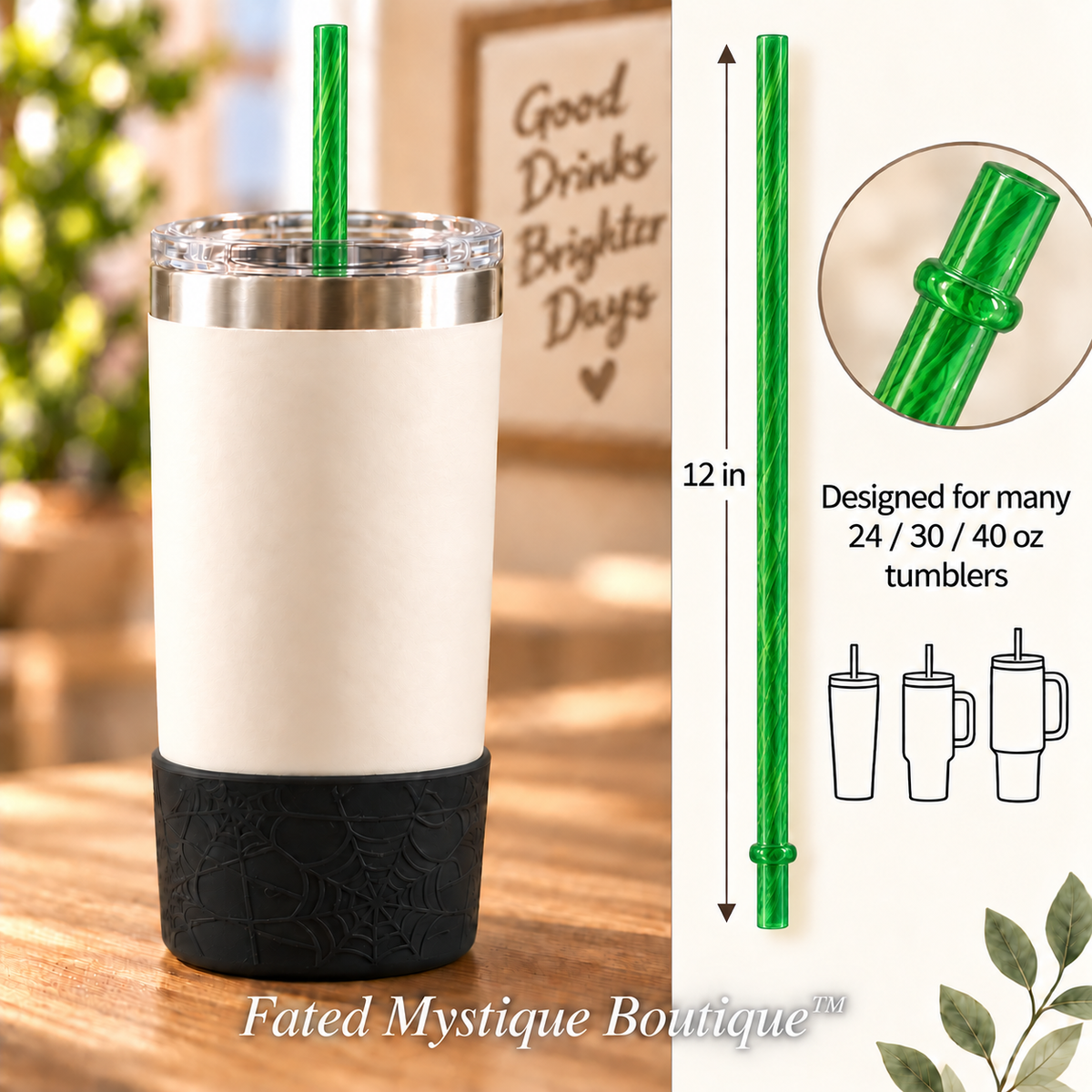 Long colored straw variant: Stripe Green (12inch) — in-use measurement image