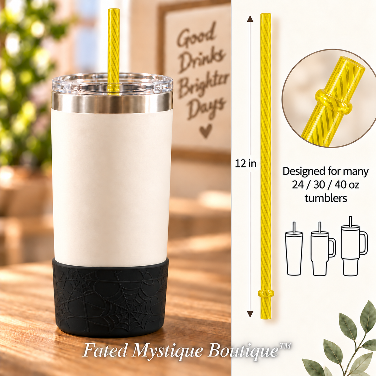 Long colored straw variant: Stripe Yellow (12inch) — in-use measurement image
