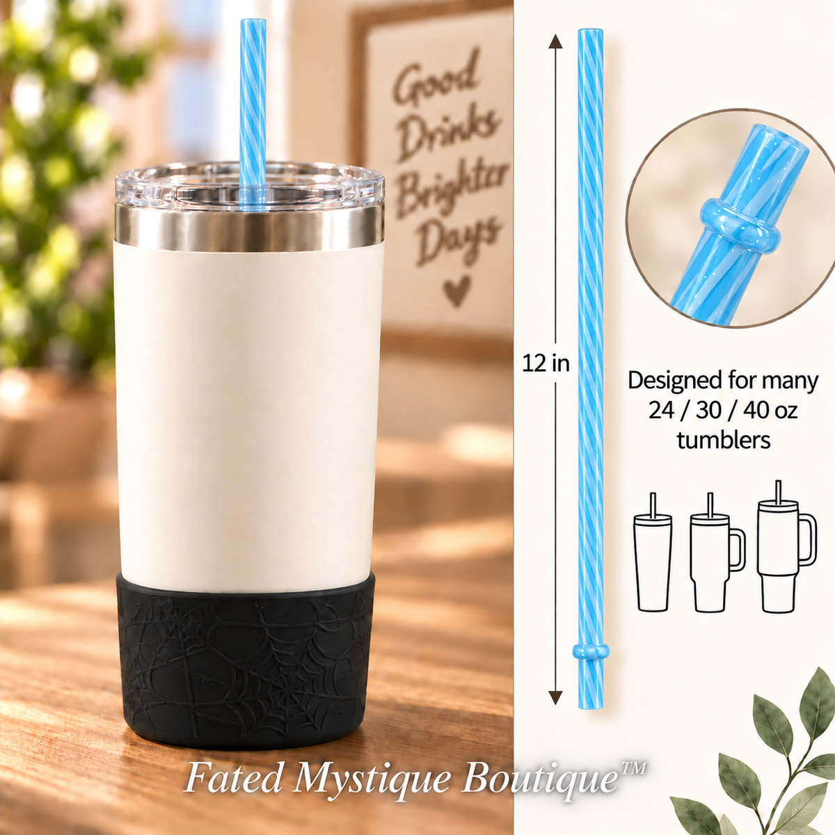 Long colored straw variant: Stripe Light Blue (12inch) — in-use measurement image