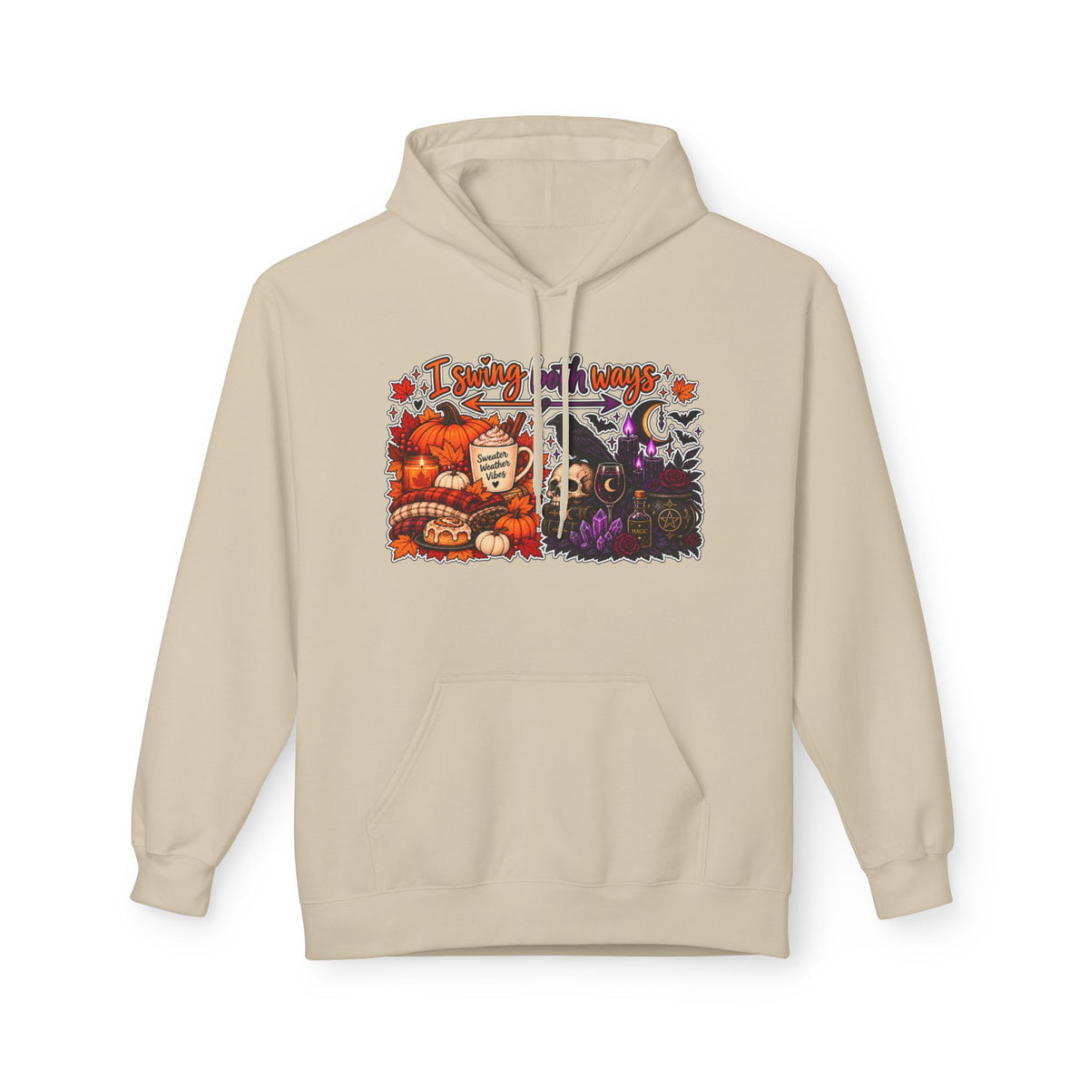 Halloween Split-Scene Hoodie — "I Swing Both Ways" Pumpkin & Haunted Night Design